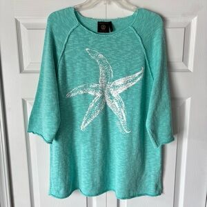 Vecceli Italy Women’s Resort Wear Teal Painted Starfish 3/4 Sleeve Sweater